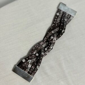 Brighton Thea Harlow Braided Leather Wide Bracelet Brown Silver Plated Metallic